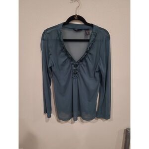 New York & Company Women SZ L sheer green beaded sequin V neck top long sleeve